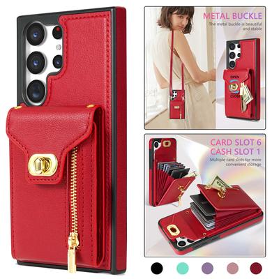 Funda de cuero con cremallera para Samsung Galaxy S23 Ultra S22 Plus S21 S20 FE A54 A14 A53 A13 A52 Note 20 y iPhone 14 Pro Max con cordón.