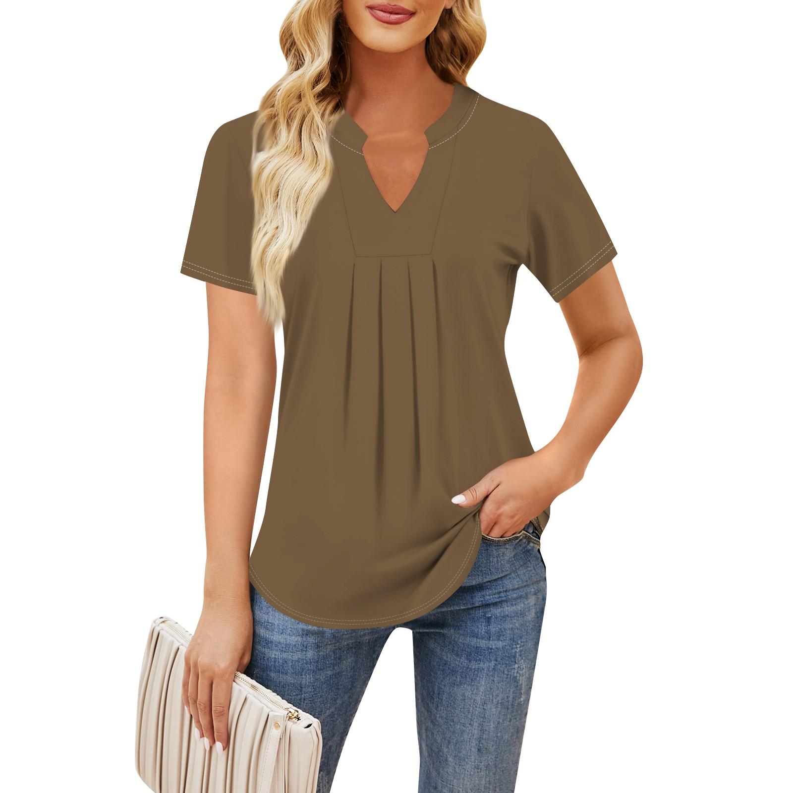 Женская повседневная свободная футболка с коротким рукавом и v-образным вырезом на груди — фото 7