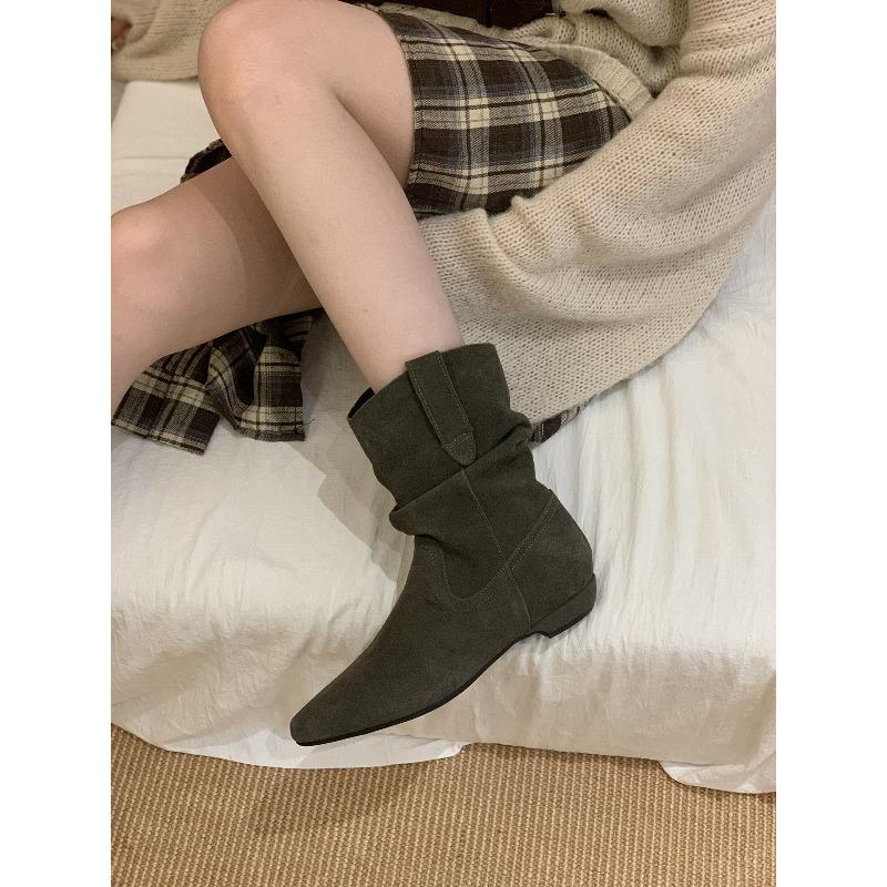 Cowhide Version! Retro Low-heeled Pointed Western Cowboy Pile Boots Women's Autumn and Winter New Martin Boots Versatile Thin Boots