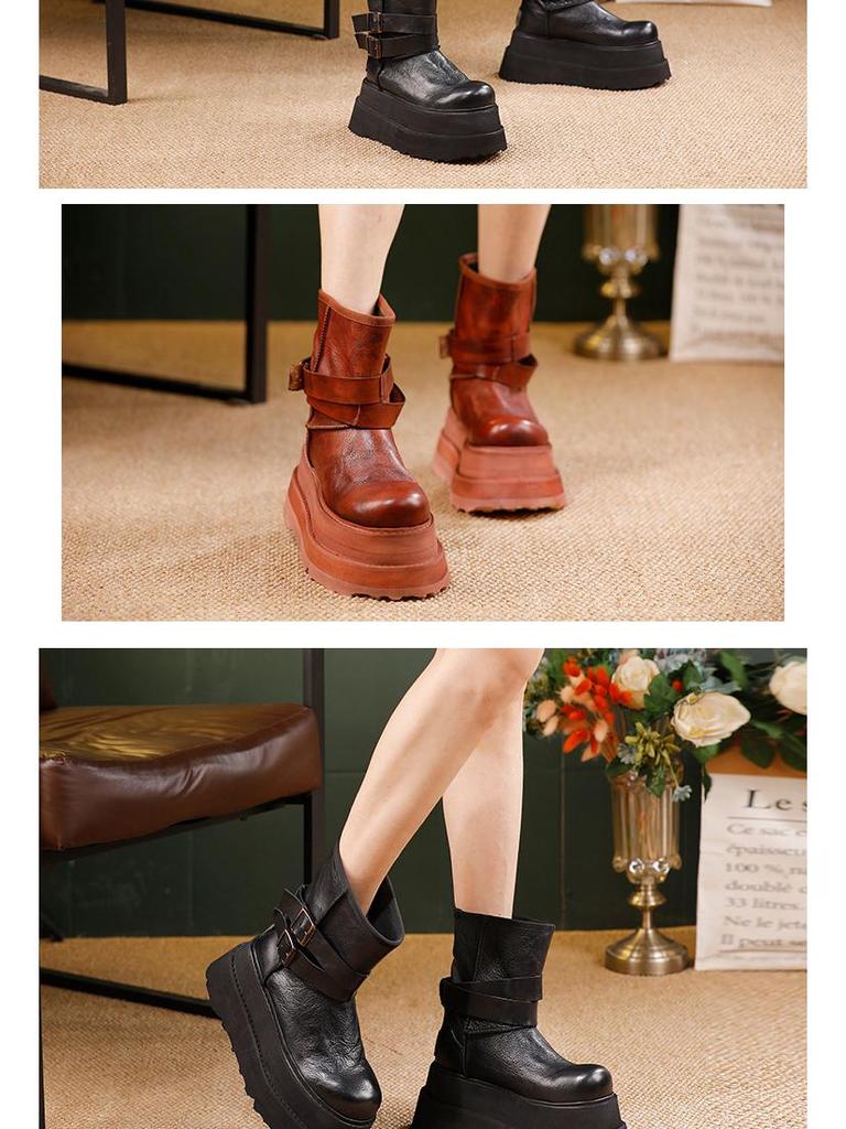 Women's 2025 Height-Increasing Martin Boots - Washed Cowhide Platform Ankle Boots with Buckle and Thick Sole