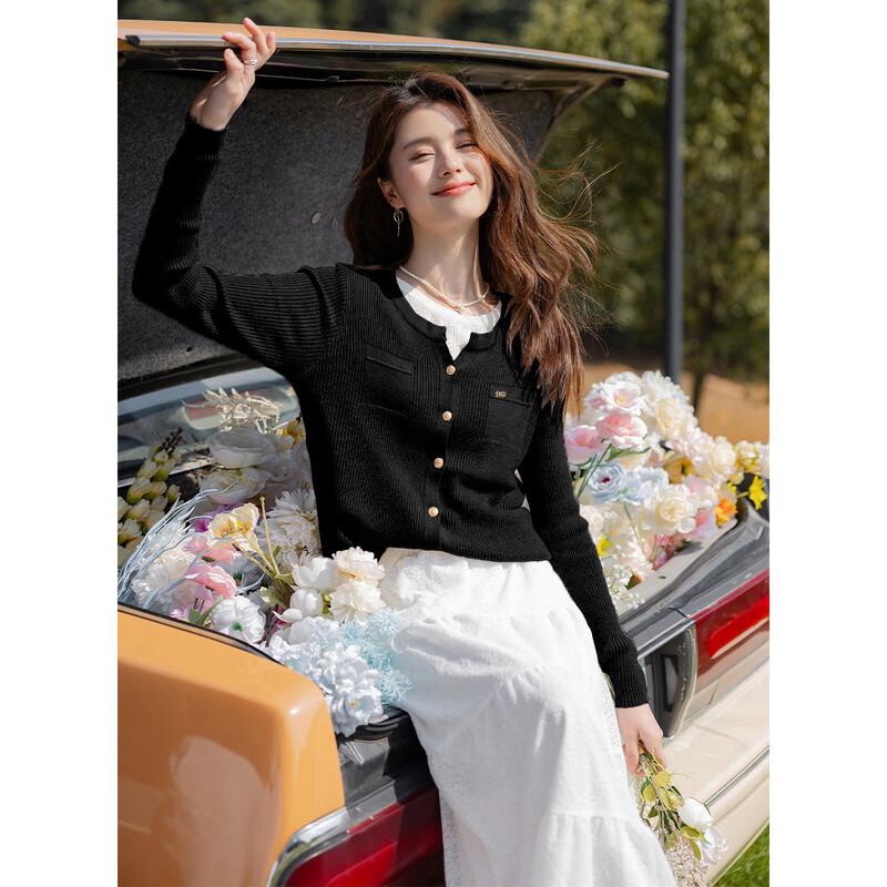 

MokaNa Women s Elegant Fake Two-Piece Long Sleeve Knit Top MKNJD3836 One Size