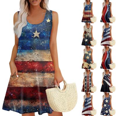 Damen Sommer Casual Square Neck Independence Day Printed Dress Ärmelloses Kleid mit Taschen