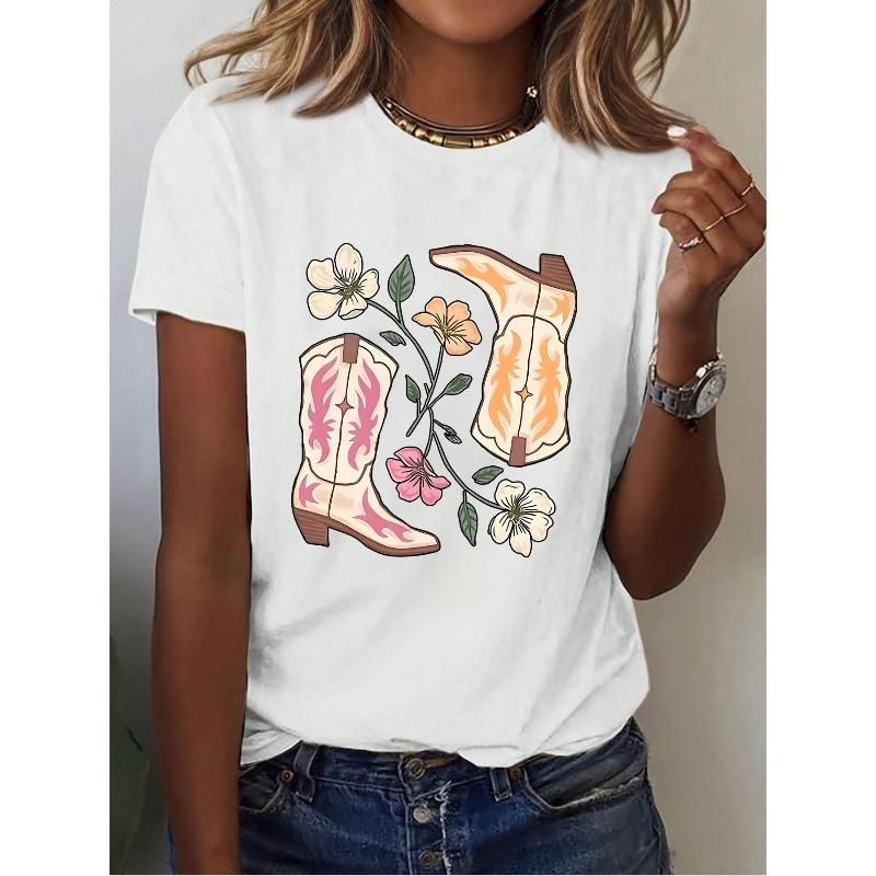 

Casual Women S T-Shirt for Spring and Summer 2026, in White, with A Round Neckline and Floral Design, Showcasing Western Cowboy Boots 4XL