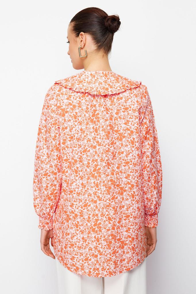 Women's Style Hijab Shirt Red Baby Collar Woven Crispy Flower Patterned Shirt