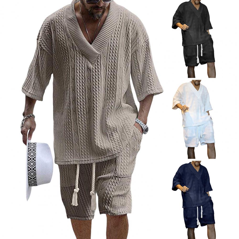 2 szt./zestaw Męski letni strój T-shirt z dekoltem V i krótkim rękawem Elastyczny pas ze sznurkiem Kieszenie Szerokie spodnie Szorty Zestaw Jednolity kolor Dzianina