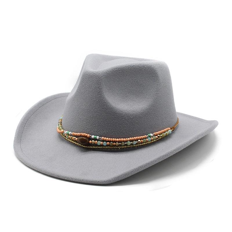 Curled Cowboy Hat Western Ethnic Style Tibetan Felt Hat Colored Bead Rope Accessories Knight Hat Tide