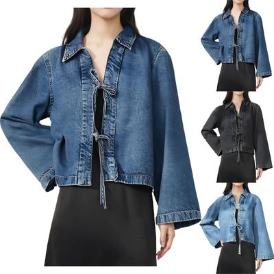 Chaqueta Vaquera Casual de Moda para Mujer con Cordones, Color Sólido, Solapa, Manga Larga