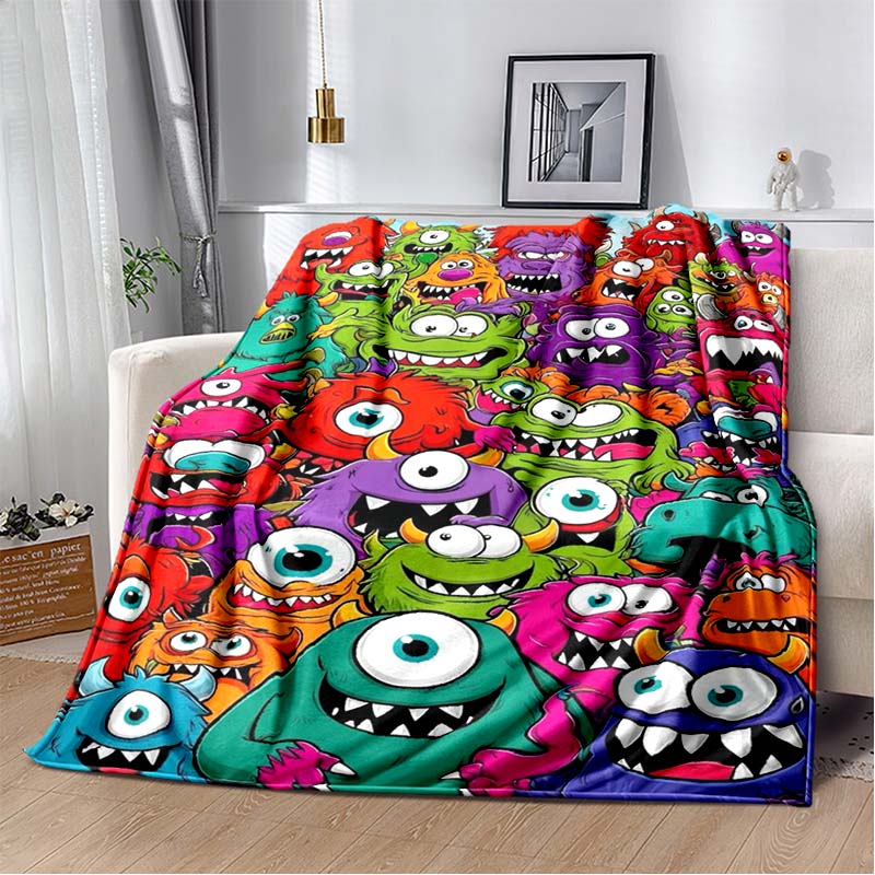 

Colorful Music Monster Doodle Print Flannel Blanket, Retro Boombox & Piano Throw Blanket 80cm x 120cm