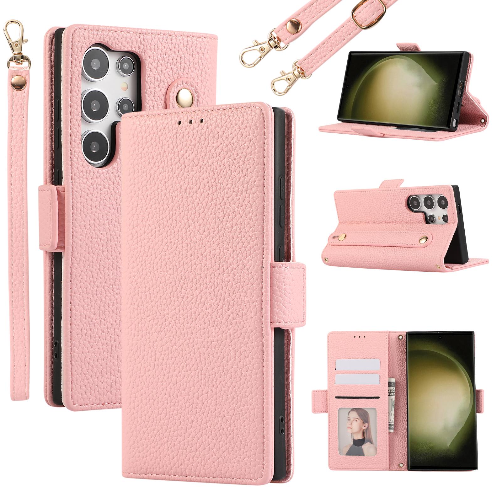 

For Samsung Galaxy S23 Ultra Leather Case with Card Holder,Straps,Shockproof Wallet Phone Cover Pink