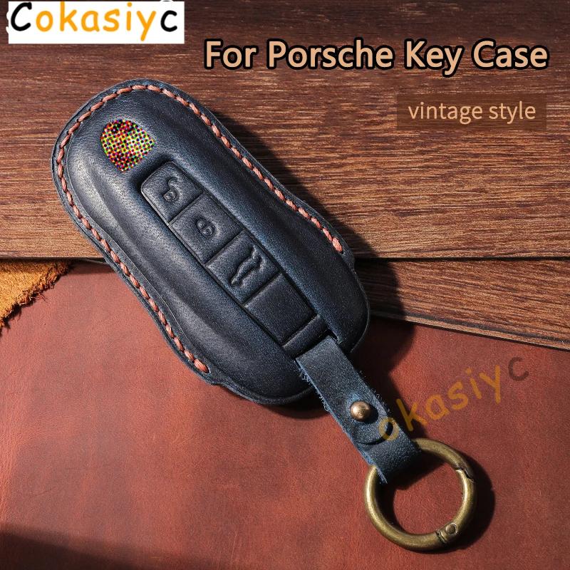 AABKR1 Leather Car Key Case Cover For Porsche Macan 911 Panamera Cayenne 2018 Replacement Boxster 986 987 981 Remote Fob Shell Keychain