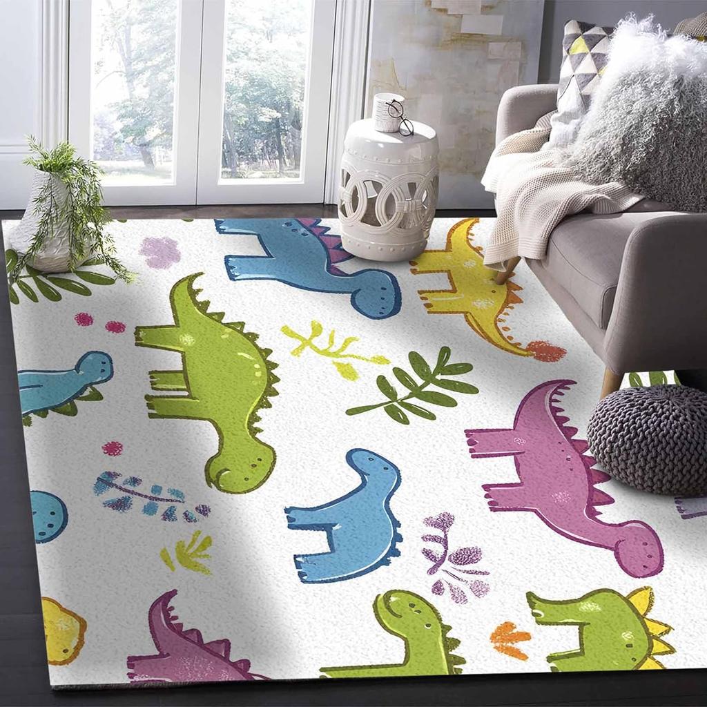 Cartoon Dinosaur Washable Area Rugs Simple Cute Non Slip Rugs for Living Room Bedroom, Low Pile Floor Mat Large Indoor Carpet
