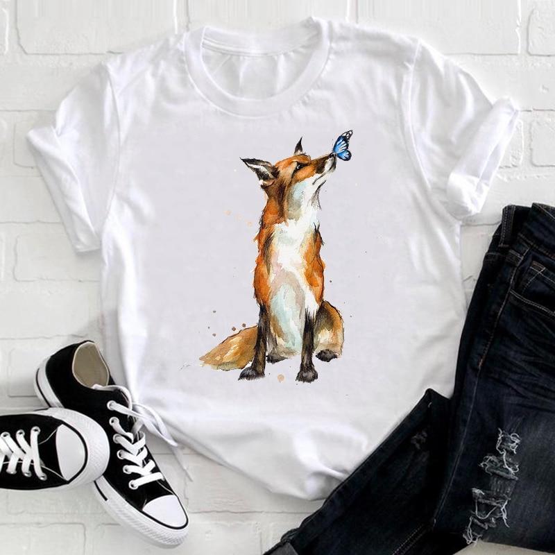 

Женщины с коротким рукавом Корейский стиль Fox Печать Одежда Тренд Одежда животных Дамы Графический принт Футболка Топ Футболка Женская футболка