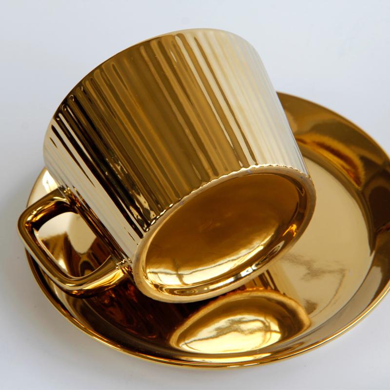 Ceramic gold coffee cup saucer set Gold three-dimensional striped mug Home cup Nordic simple milk cup afternoon tea cup gift