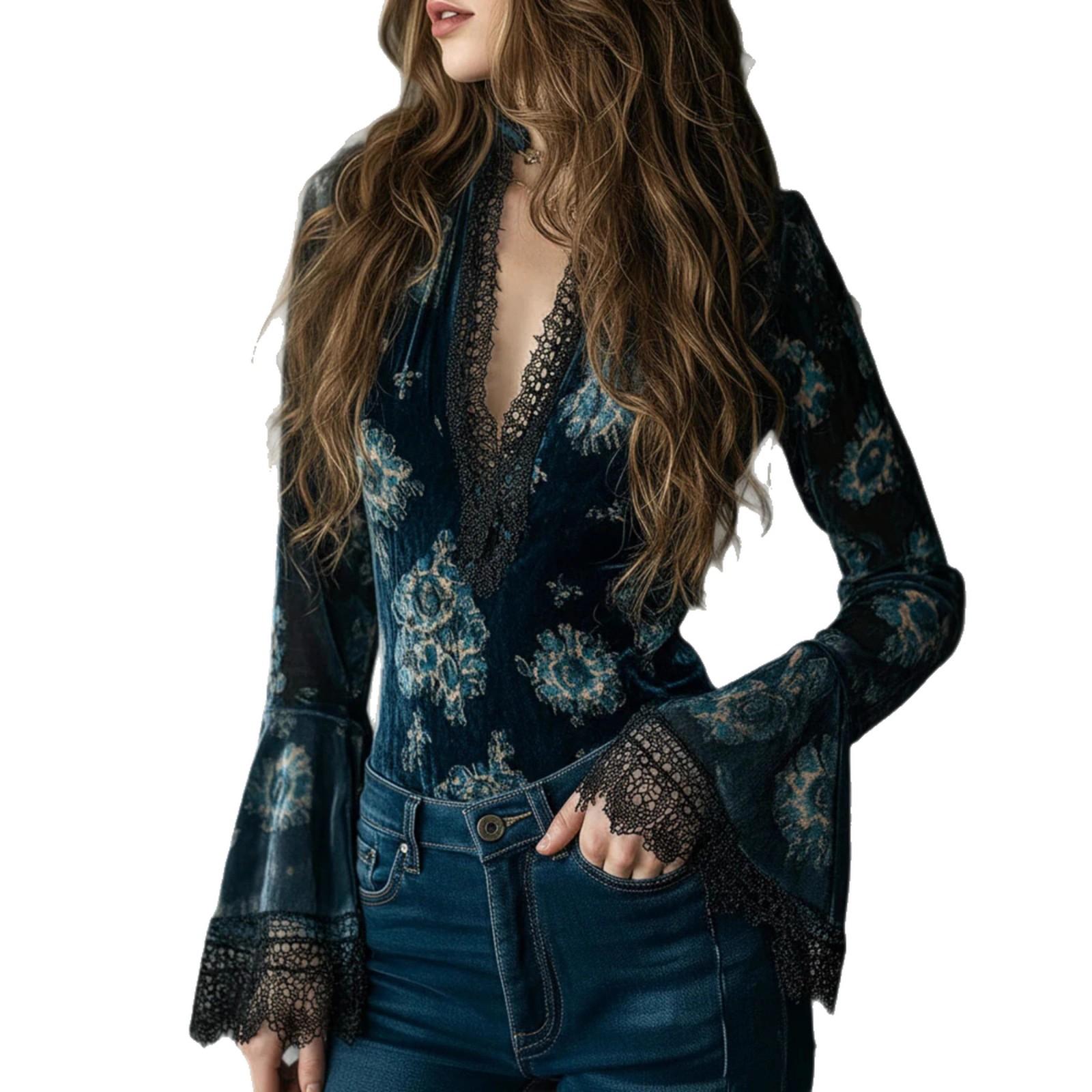 Women s Dark Blue Floral Velvet V-Neck Blouse with Lace Trim S тёмно-синий