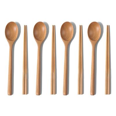 Y&K Wooden Spoon Set of 4, Natural Color, 4 Spoons + 4 Chopsticks, 1 Set, Korean Popular Tableware