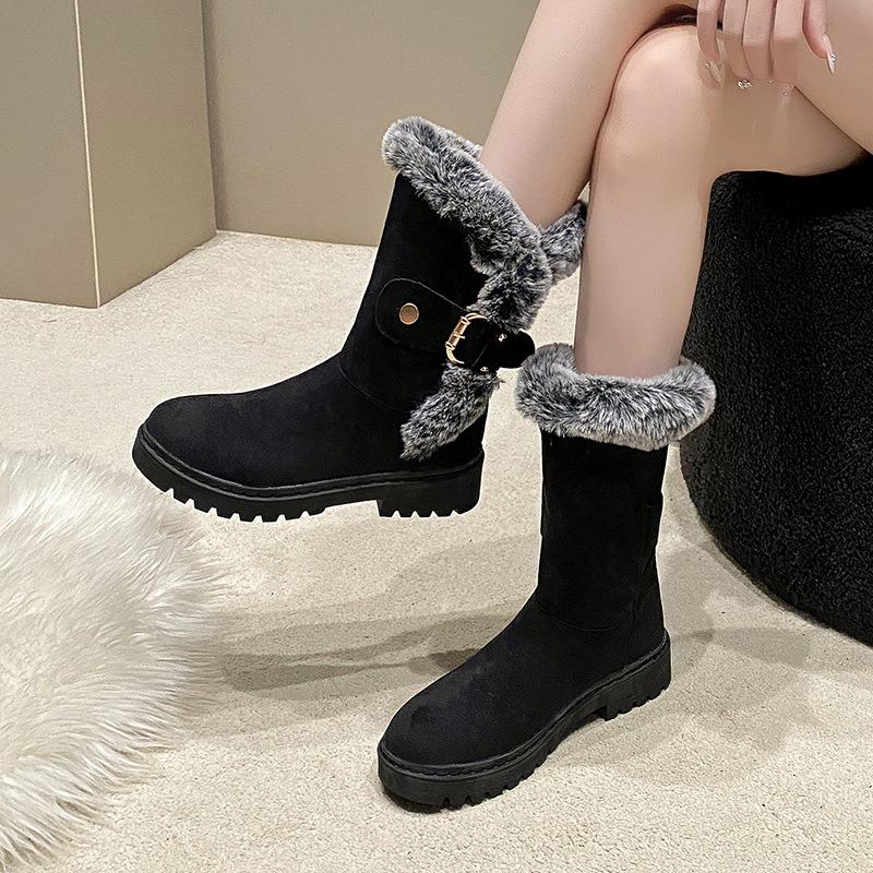 Autumn and Winter New Snow Boots Thick-soled Foot Cover Velvet Cotton Boots Slope Heel Women's Boots Belt Buckle Medium Boots Women's