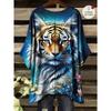 Summer Large Size Starry Sky Flower Sea Tiger King Pattern Printed Bat Sleeve Crew Neck T-Shirt