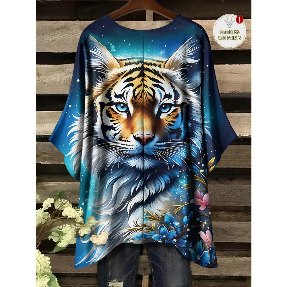 Summer Large Size Starry Sky Flower Sea Tiger King Pattern Printed Bat Sleeve Crew Neck T-Shirt