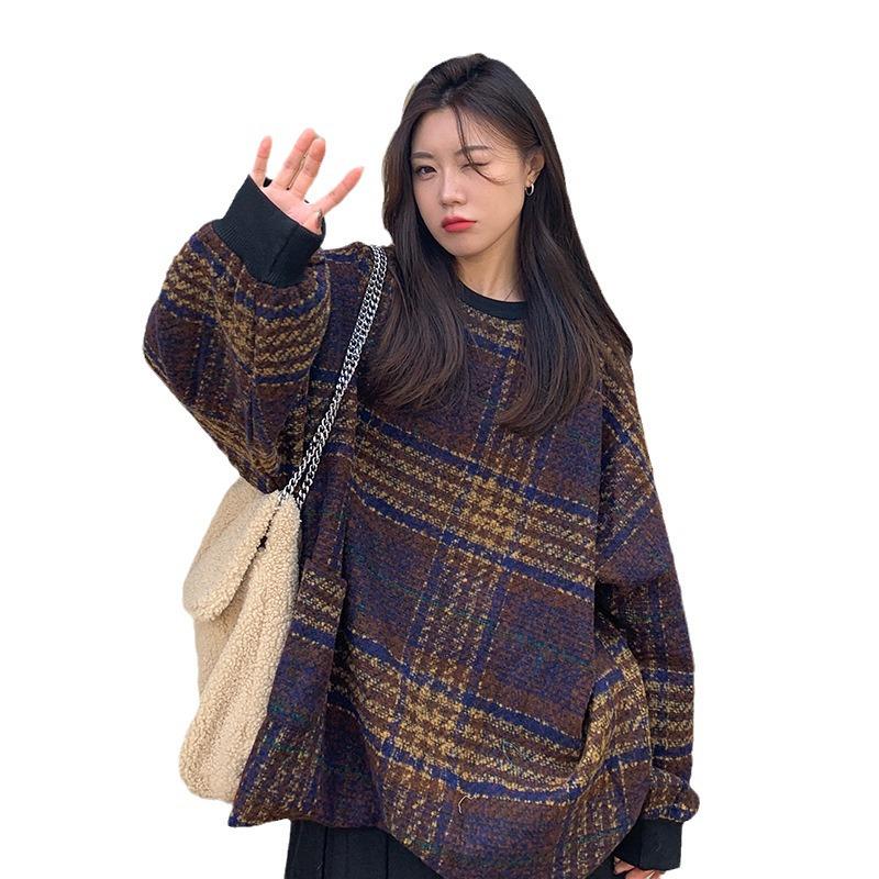 2023 Retro Hong Kong Color Block Wool Hoodie: Women's Loose Casual Round Neck, Autumn/Winter