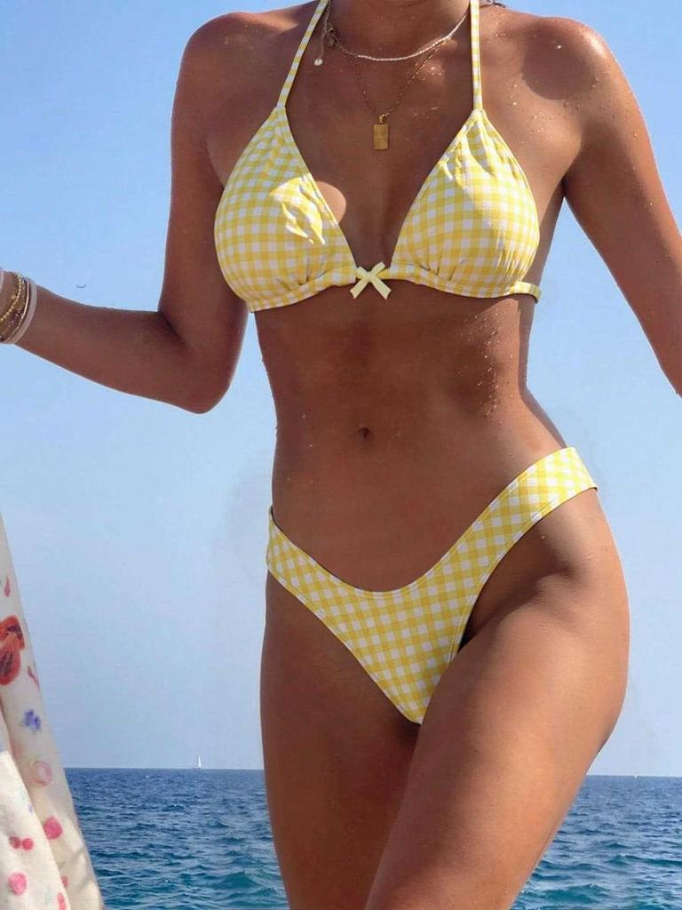 1011 European and American New Pure Plaid Printing Swimsuit Female Sexy Backless Strap Bikini Swimsuit