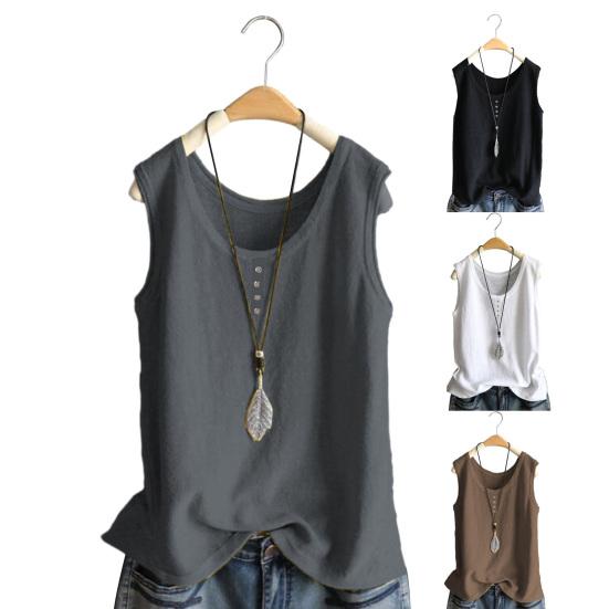 Women Vest Round Neck Buttons Decor Sleeveless Tank Tops Solid Color Loose Fit Thin Summer Tops Daily Wear