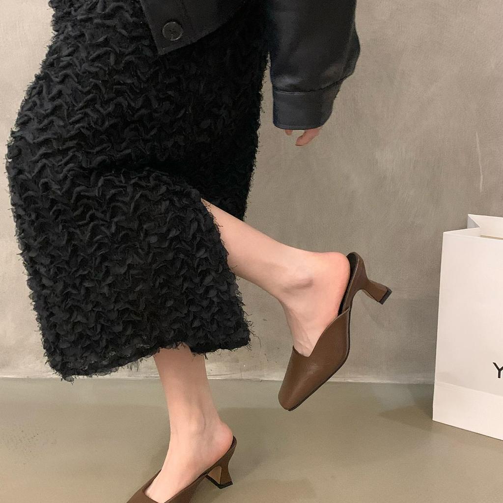 Baotou Half Slippers Women's Summer Wear 2025 New Thick Heel High Heels French Muller Shoes High-end Cool Slippers