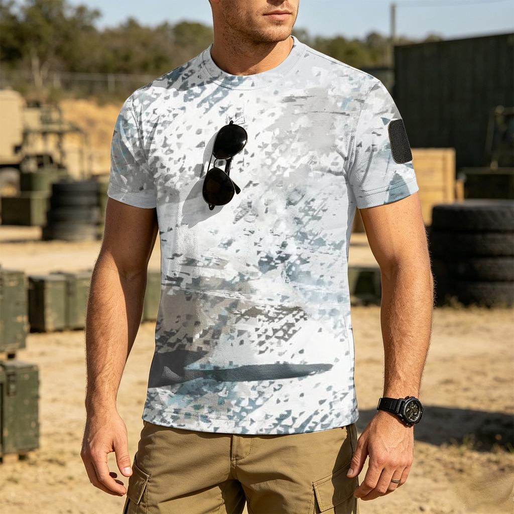Men's Tactical Outdoor Quick Dry T Shirt Loose Fit Breathable Round Neck Short Sleeve Camouflage Print with Hook and Loop Patch Area
