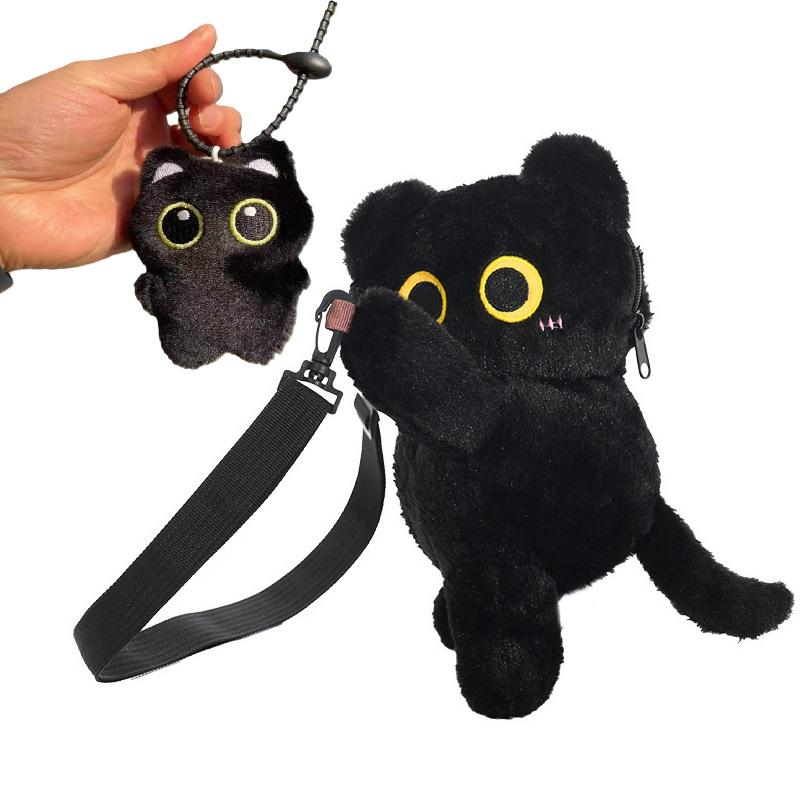 Kawaii Schwarze Katze Plüsch Mode Tasche Niedliche Puppe Fell Schultertasche Damen Umhängetasche Handy Münzbörse Hülle Geschenk für Freundin