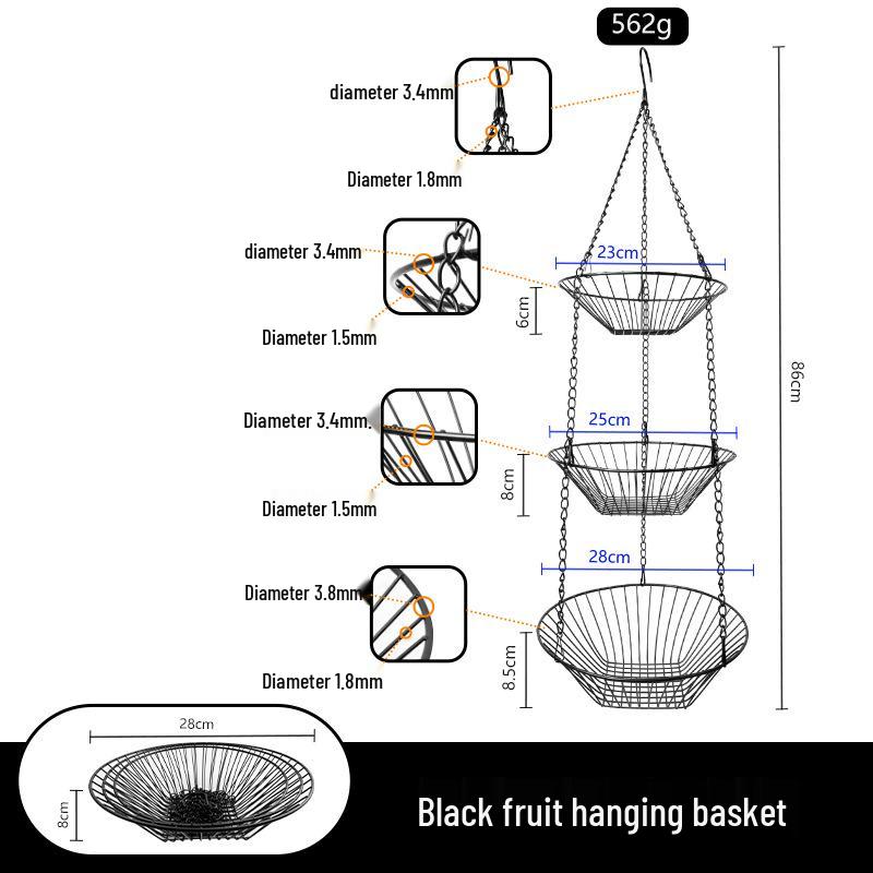 European Style Three-Tier Foldable Wrought Iron Fruit Hanging Basket