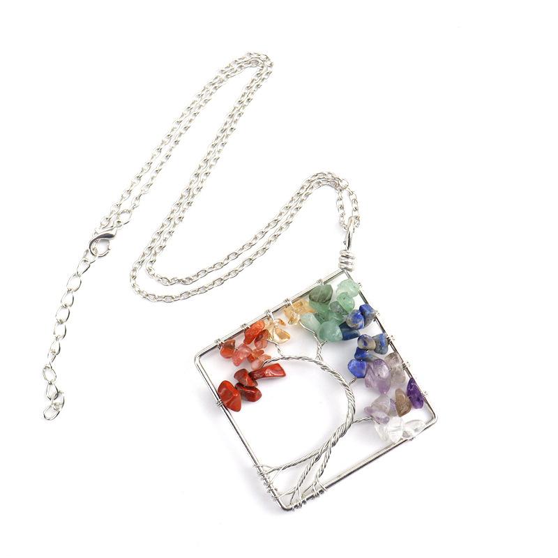 Wrapped Colorful Natural Stone Crystal Square Curved Tree Of Life Pendant Necklace N08 Fresh And Sweet