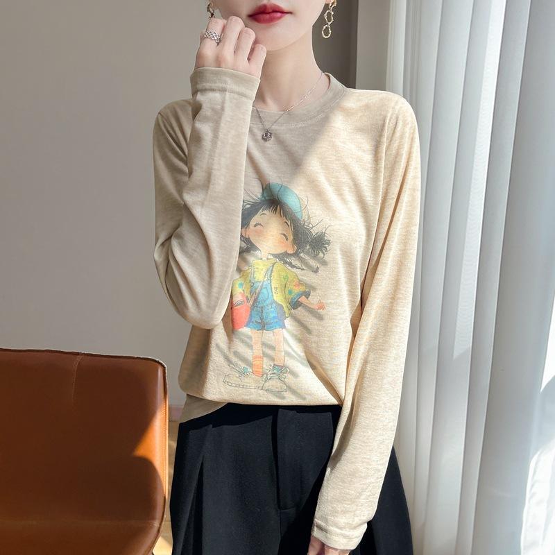 Healing Style Little Girl Long Sleeve Gentle Wind Printed T-Shirt Autumn Winter New Daily Top