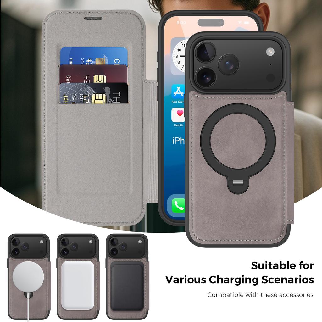 For iPhone 17 Pro Max Case Compatible with MagSafe RFID Blocking Leather Wallet Cover with Rotating Ring Kickstand