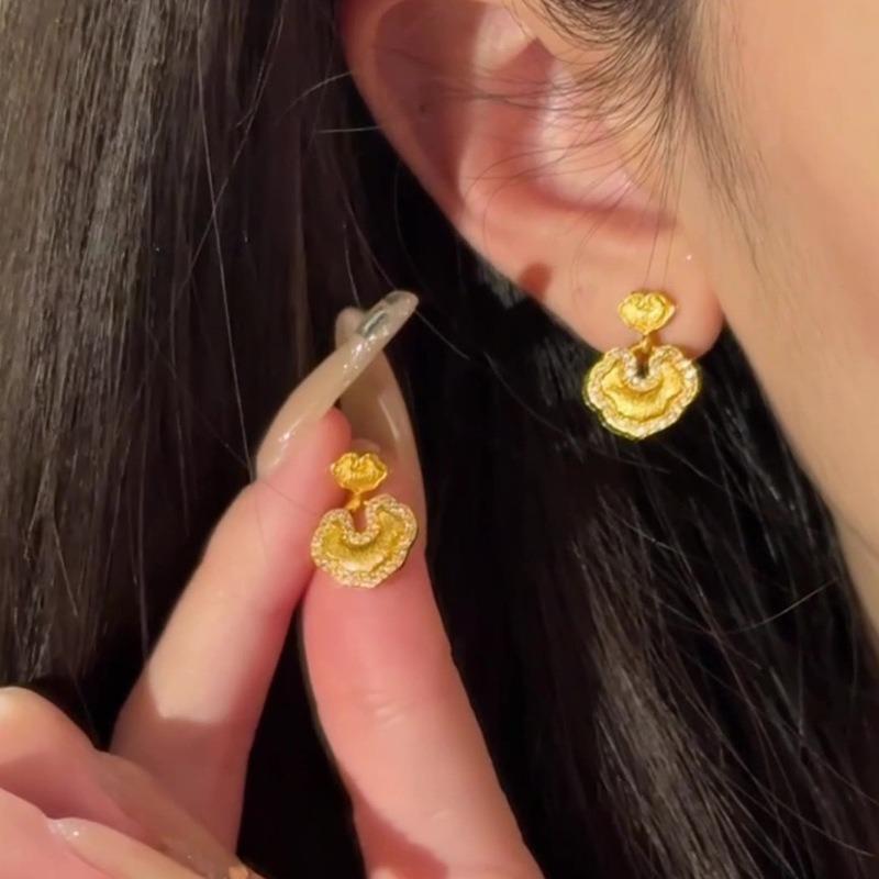 K real gold electroplated silver needle zircon safety lock earrings new Chinese retro earrings light luxury high-end earrings women