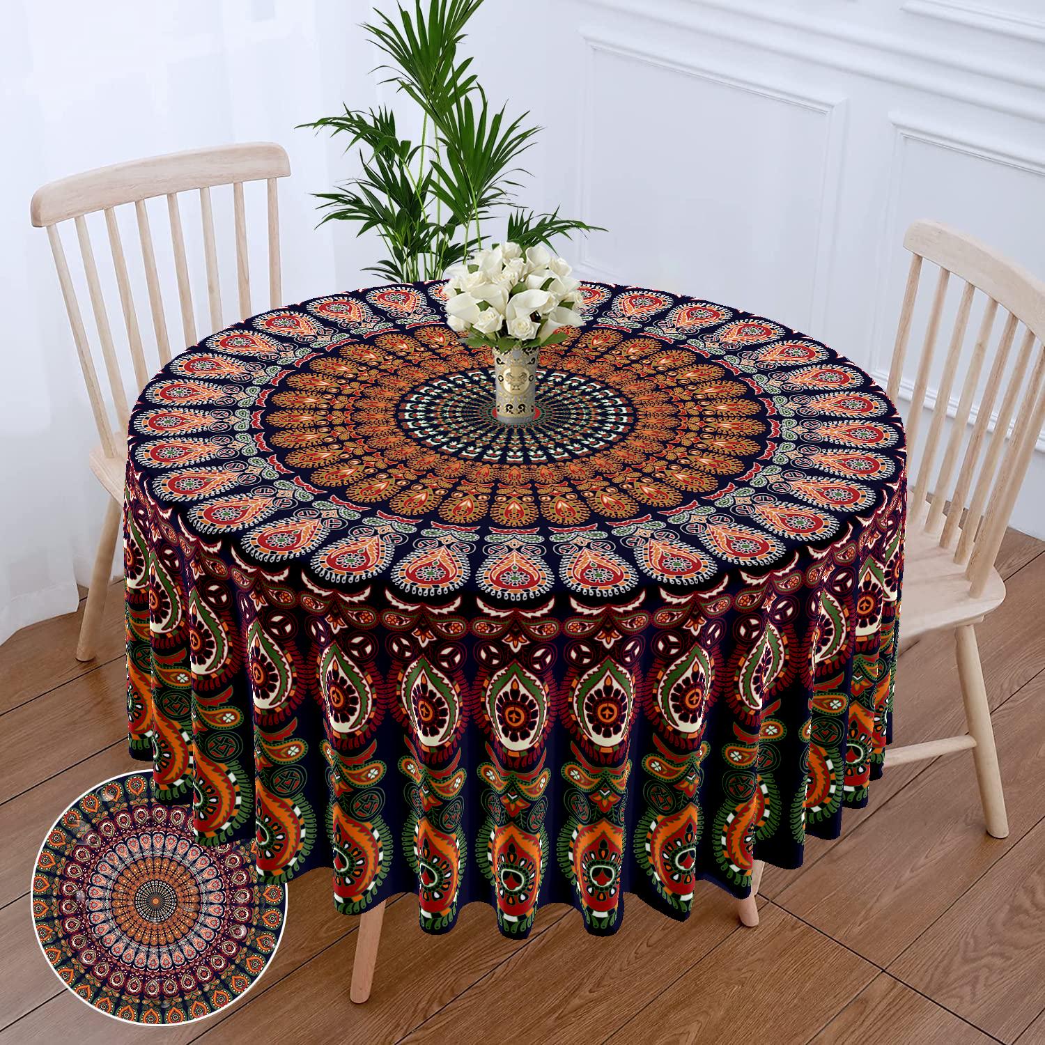 63 Inch Waterdichte Pauw Mandala Ronde Tafelkleed Paars Rood Geel Blauw Buiten Terras Eettafelhoes W63inchxL63inch