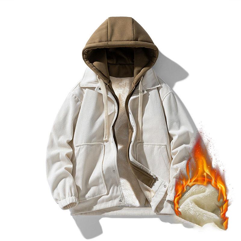 Mens Hooded Corduroy Work Coat Male Fashion Causul Fales Two Piece Autumn And Winter Long Sleeved Outwear Outdoor Hiking Jacket Mens