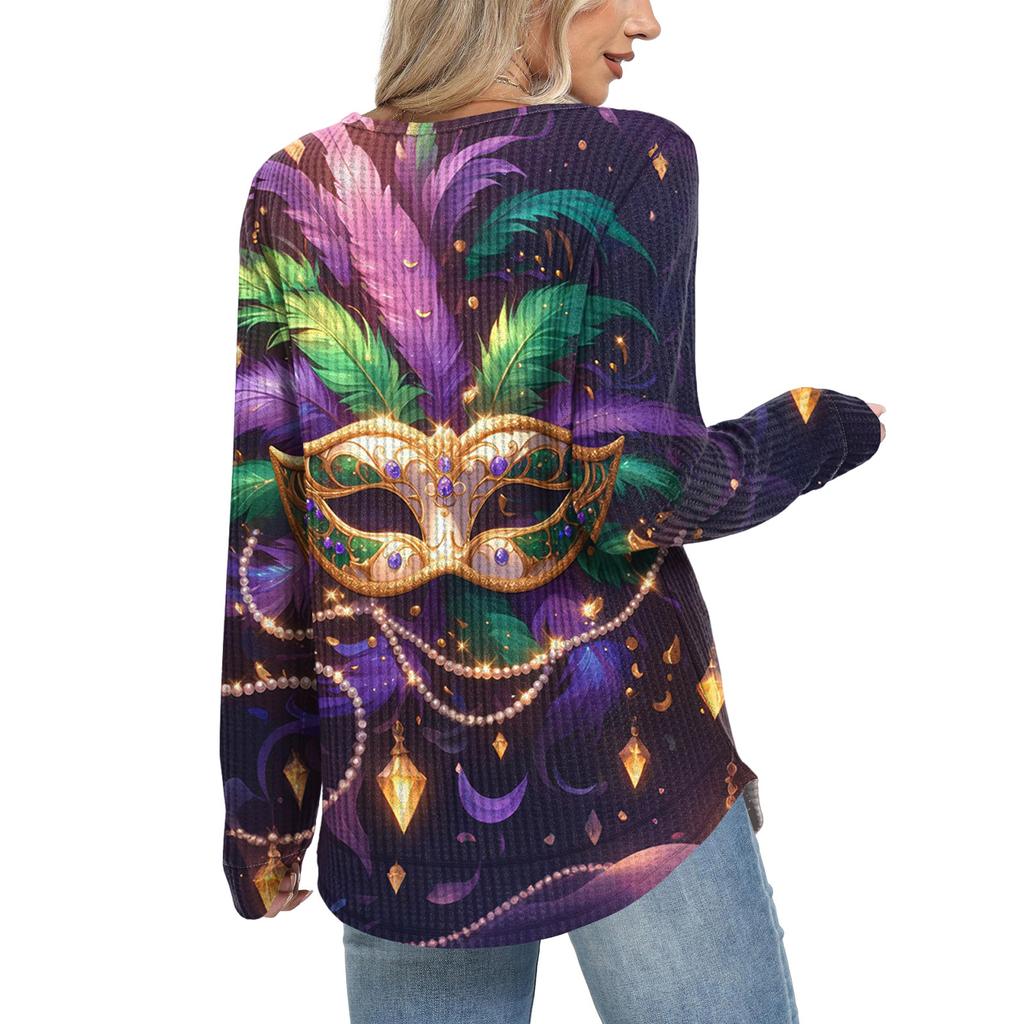 Damenmode Locker Langarm Karnevals-Print Rundhals Casual Oberteil