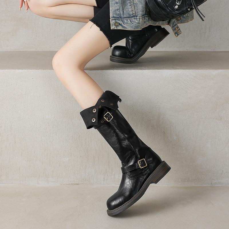 Herbst- und Winter-Dicksohlen-Rutschfeste Damen-Komfort-Lederstiefel mit niedrigem Absatz, Übergröße, Damenstiefel mit Blockabsatz und runder Spitze, kn