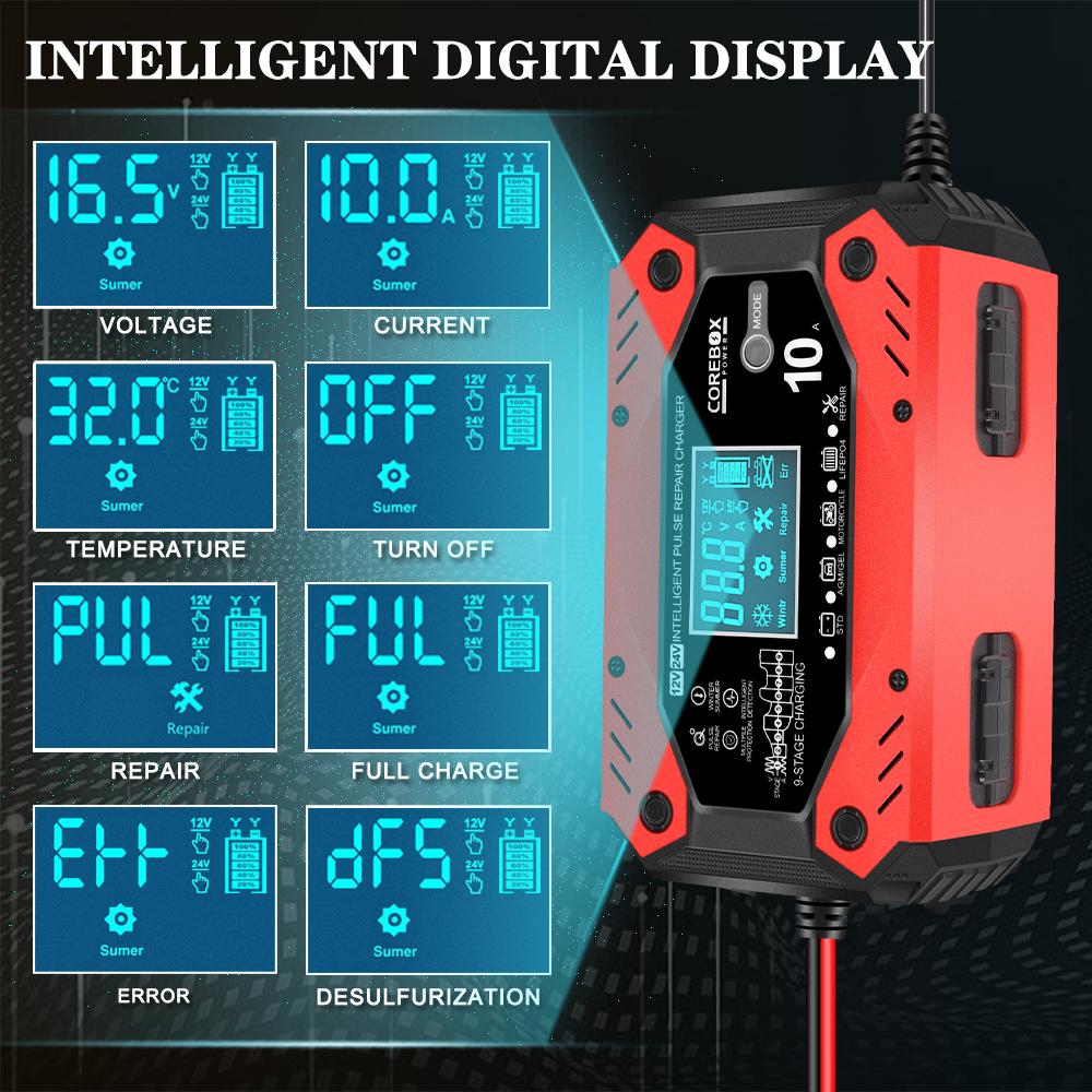 LCD Display Car and Motorcycle Battery Charging Devices Intelligent Maintenance of Lead Acid Battery 12V 10A AGM Automotive Battery Charger
