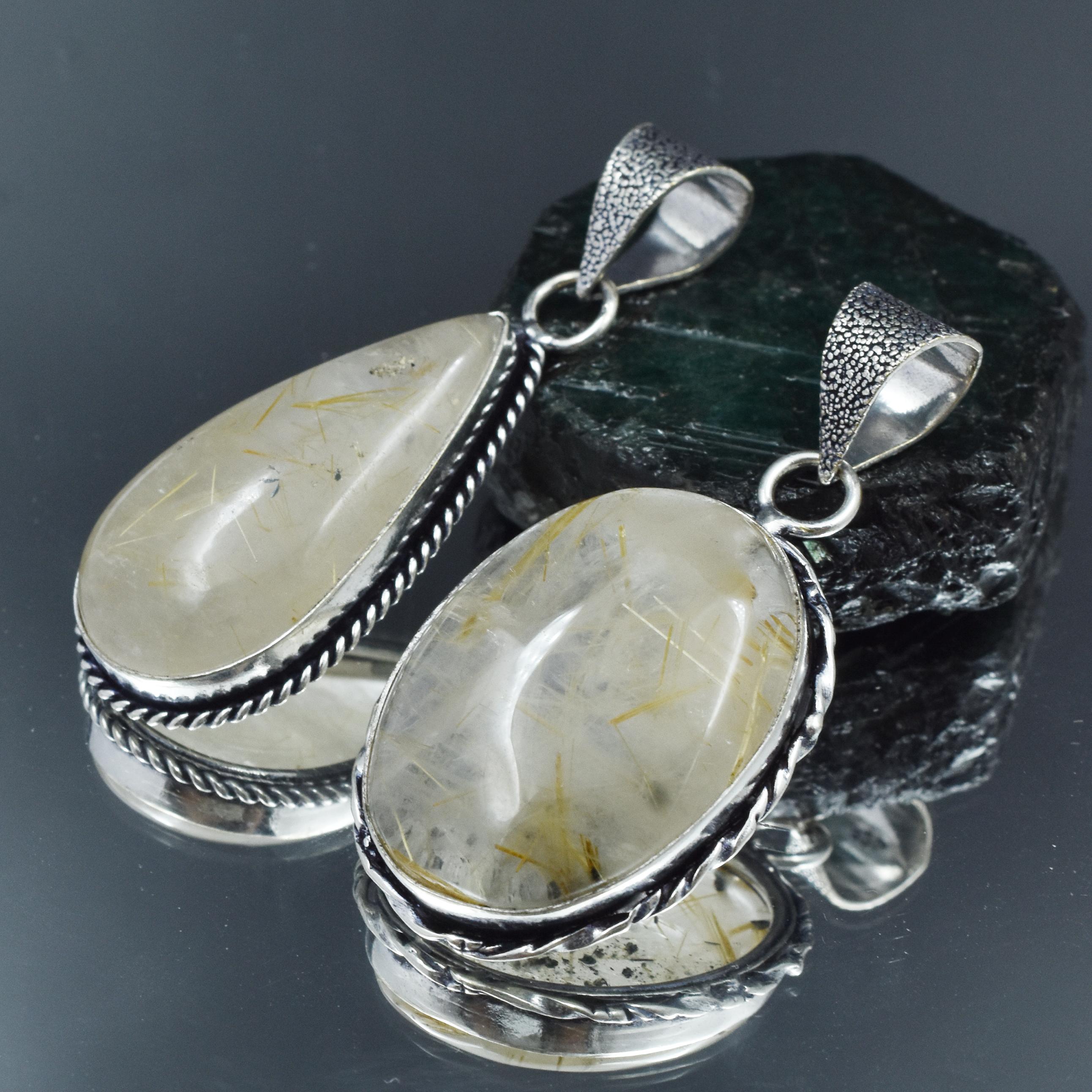 

925 Silver Pendant Healing Stone 93.60 Ct Pair Oval-Pear Golden Rutile Gemstone AR-1765-S