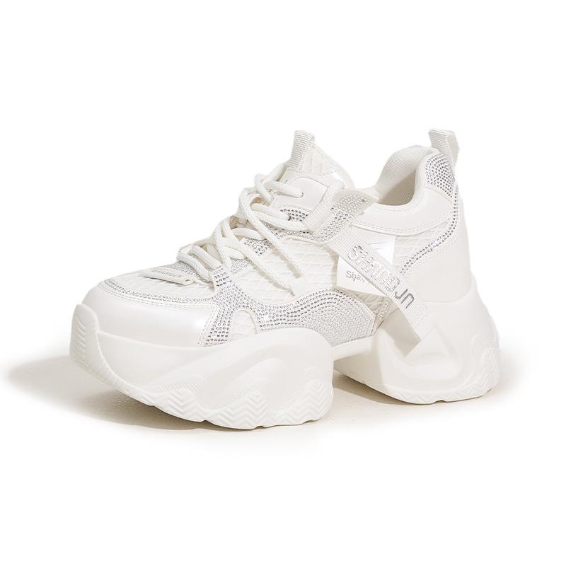 Daddy Shoes Girl 2025 Autumn New Horseshoe Heel Mesh Breathable Rhinestone Platform Shoes Inner Height Increasing Casual Sneakers