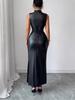 European and American Women's Sleeveless Faux Leather Bodycon Dress with Waist Tie and Slit