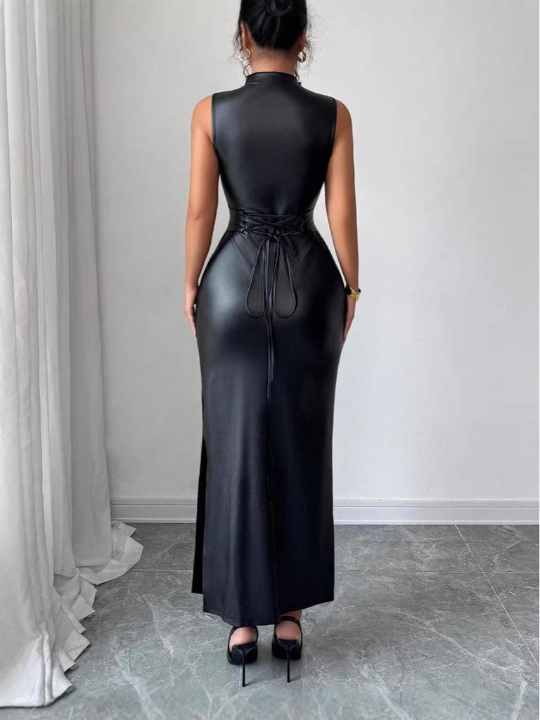 European and American Women's Sleeveless Faux Leather Bodycon Dress with Waist Tie and Slit