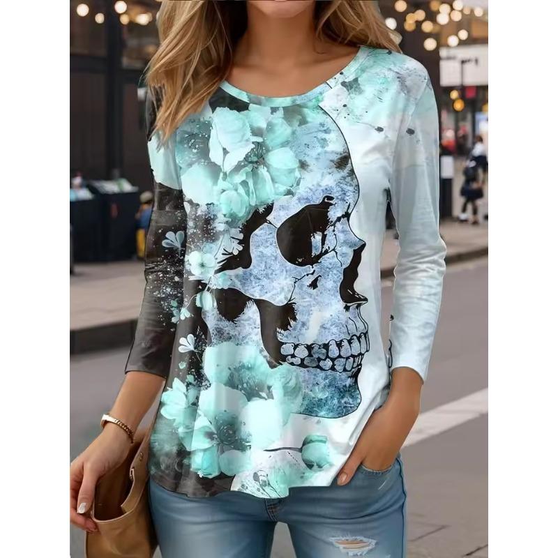 Autumn Halloween Women's Long Sleeve T-Shirt Fun Skull Pumpkin 3D Printed Round Neck Polyester Everyday Casual Shirt