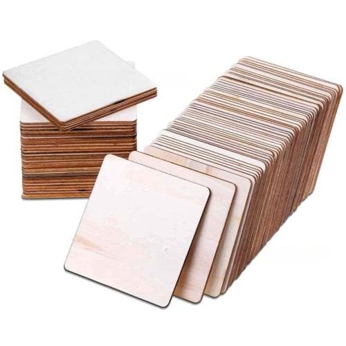 PreQuoro Wooden Coasters, Square, Crafts, 50 Pieces, Wood Slices, Wood Chips, 10x10cm Square, DIY