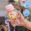 Water bottle new straw cup student children cartoon bear cup portable strap handle sticker plastic cup waterproof and drop resistant