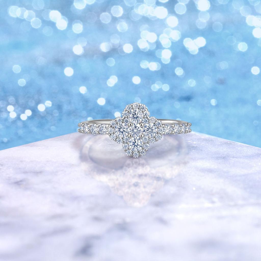 S925 Silver Gold-Inlaid Four-Leaf Clover Moissanite Pave Setting Ring Women Light-Luxury Floral Row Engagement Wedding GRA
