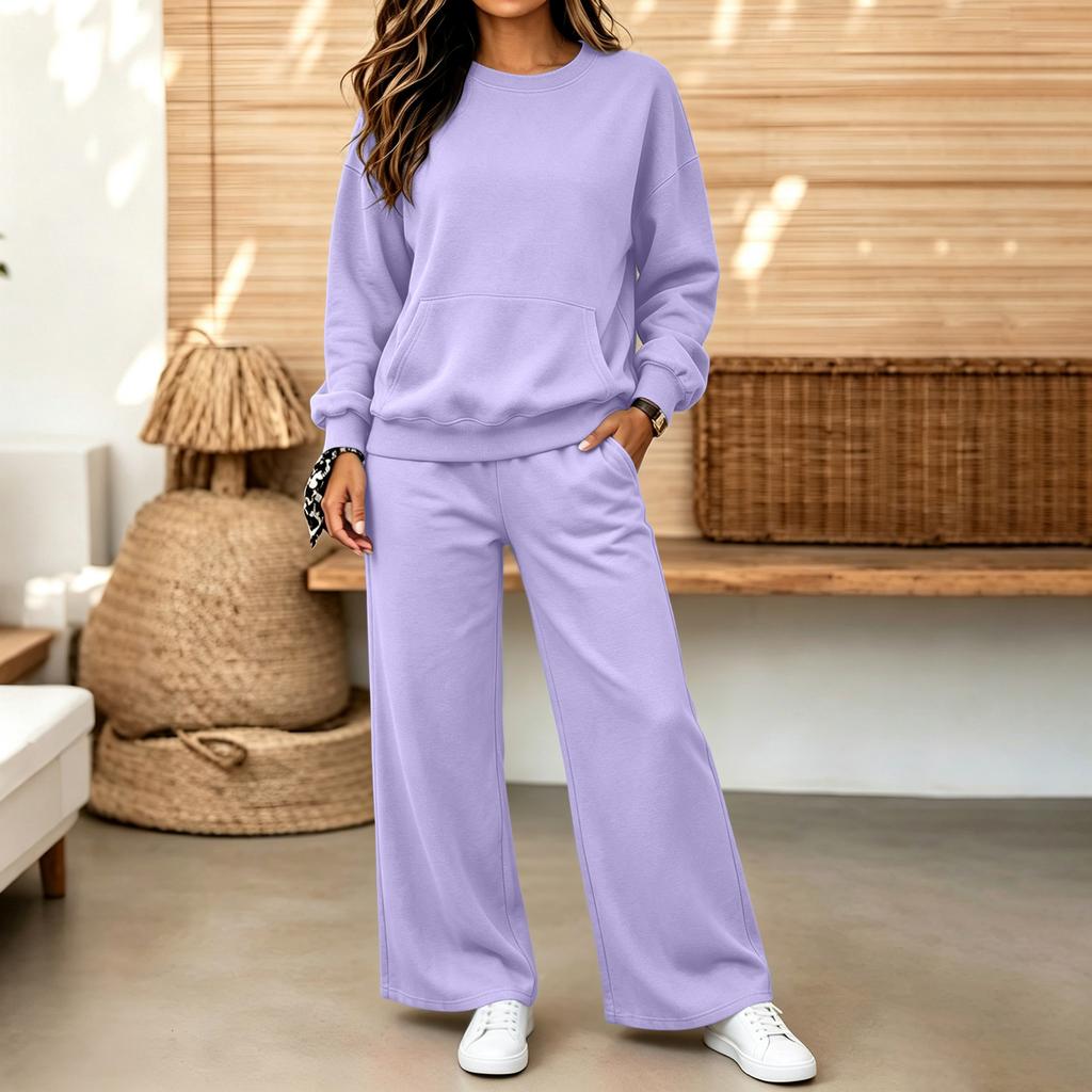 Conjunto Informal Cómodo de Sudadera y Pantalones para Mujer con Cuello Redondo y Bolsillos para Otoño Invierno