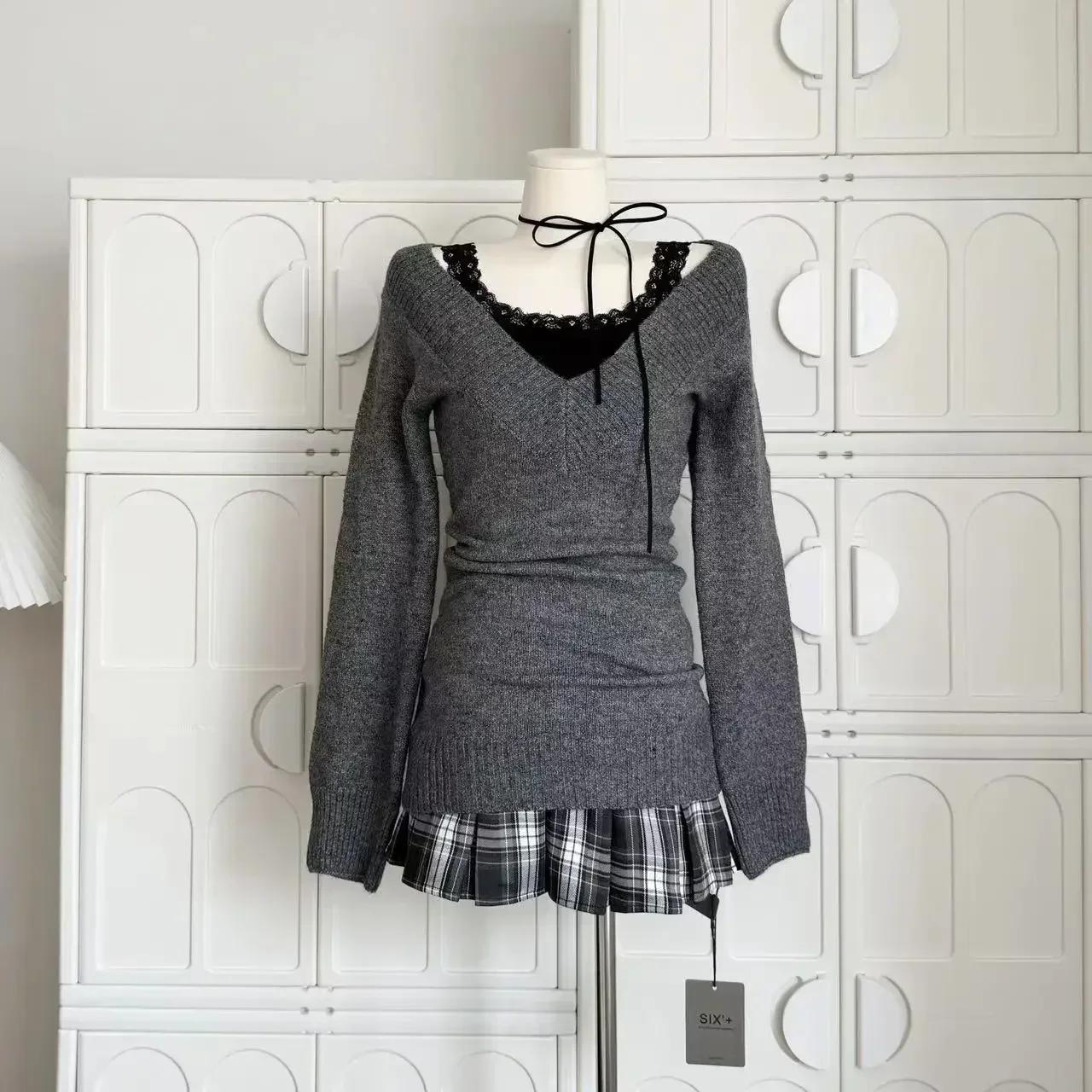 

Французский Ретро Элегантный Y2k Комплект из 3 предметов Женский Винтажный Однотонный Свитер с Длинным Рукавом + Кружевной Повседневный Жилет + Клетчатая Шикарная Юбка Осень 2024 S красный