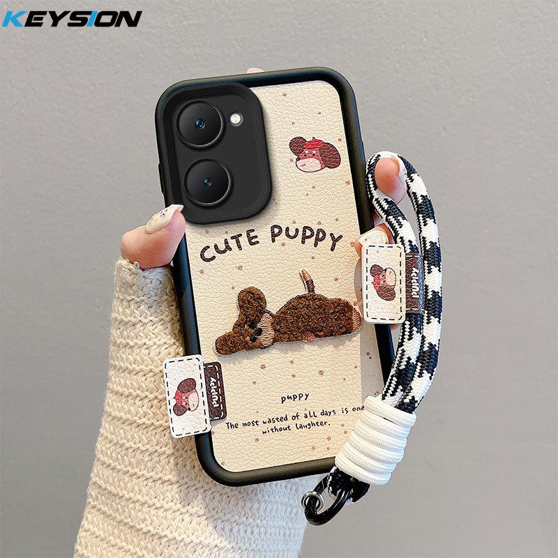 KEYSION Cartoon Cute Plush Embroidery Case for VIVO Y03 Y03t with Lanyard Silicone Shockproof Phone Cover for VIVO Y18 Y28s 5G