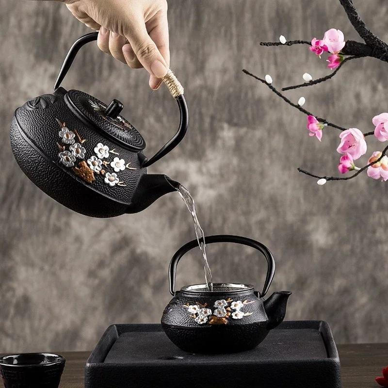 300ML 600ML 800ML Japanese Iron Tea Pot Plum and Bamboo Painted Cast Iron Kettle Boiling Water Set with Strainer Pot